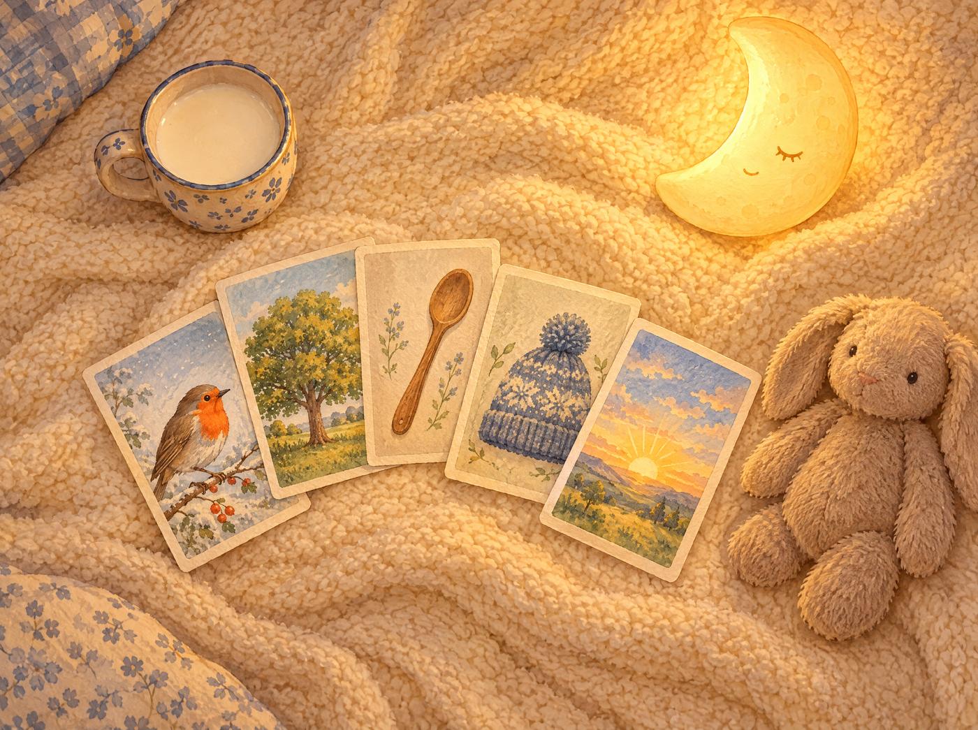Five small story cards, a mug of warm milk and a moon night light on a blanket