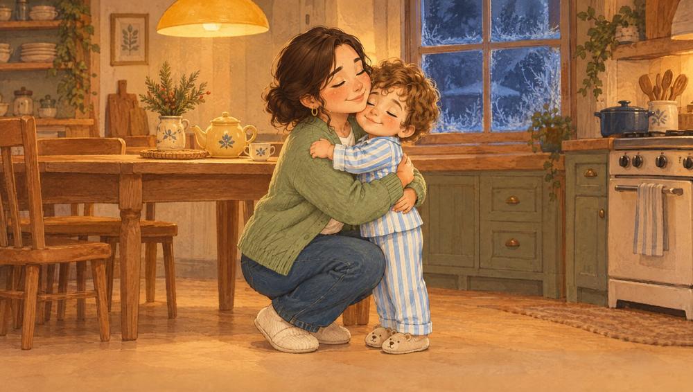 Little Marcus hugging his mama in the kitchen
