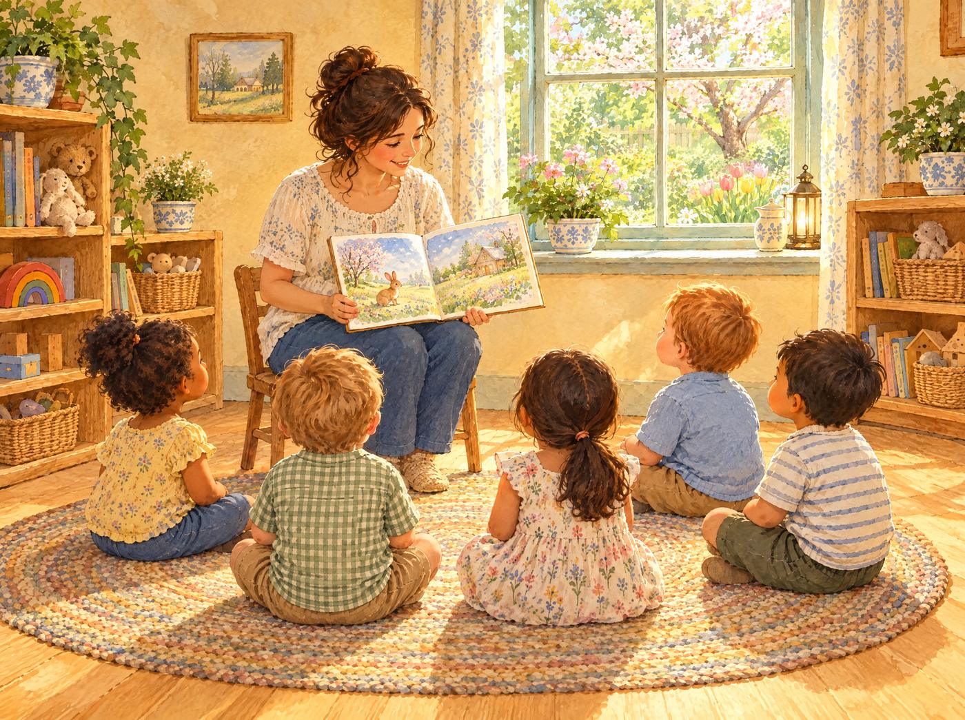 A teacher reading a picture book to toddlers sitting on a rug