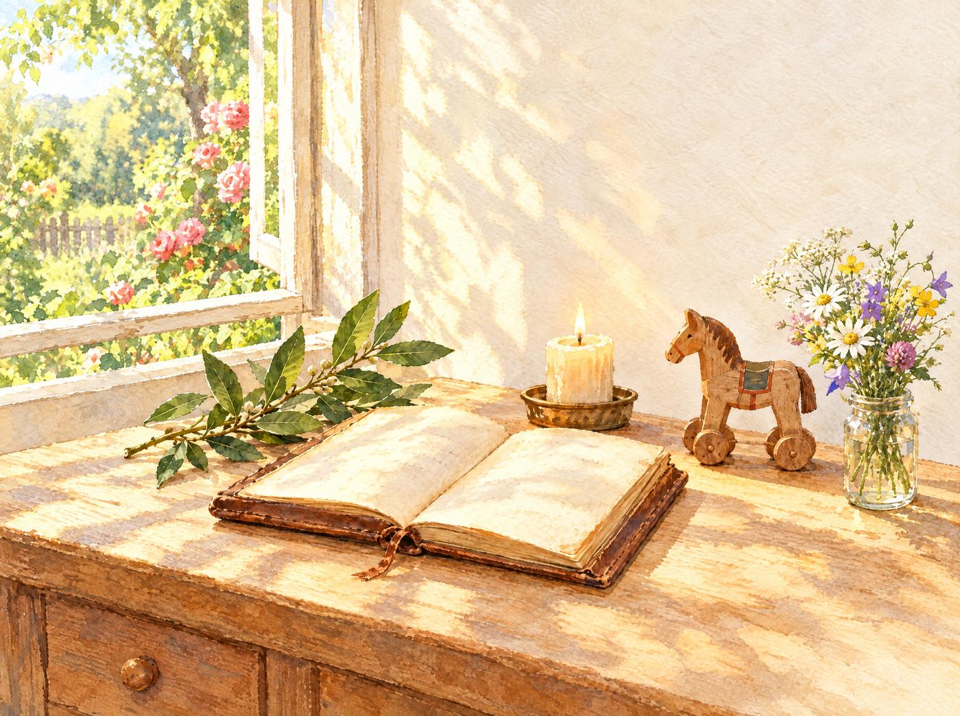 An old notebook, a sprig of laurel and a wooden toy horse on a desk by an open summer window